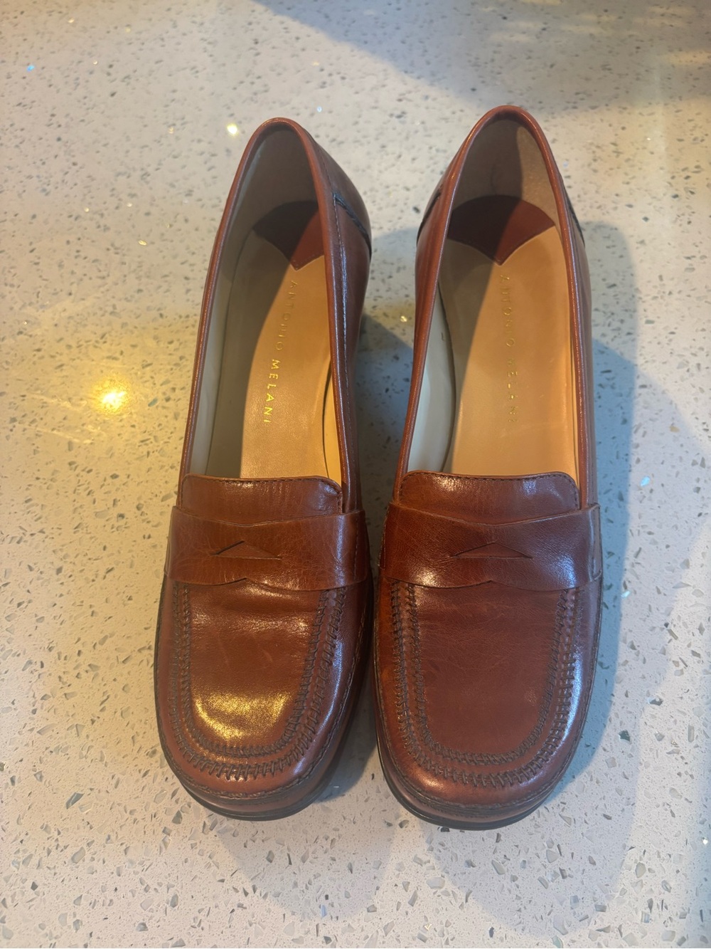 Antonio Melani Brown Leather Penny Loafers Block Heel Womens Size 6.5